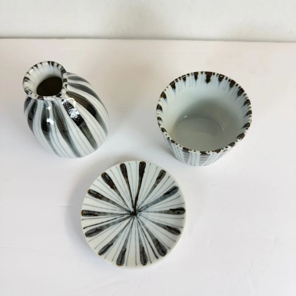 Japanese Sake Set Ceramic Carafe Cup & Saucer Black White Striped B-10